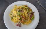 Eggs 'Spaghetti' with Ham and Zucchini Flowers